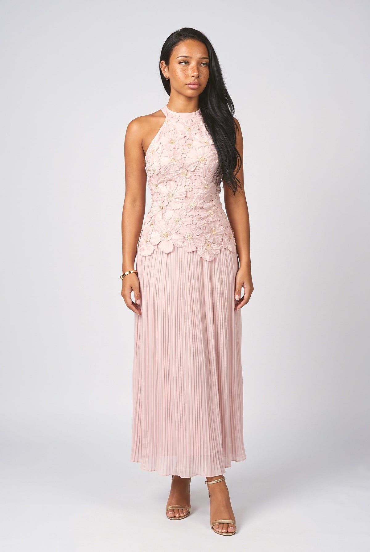 Floral Halter Neck Ruched Maxi Dress, pink