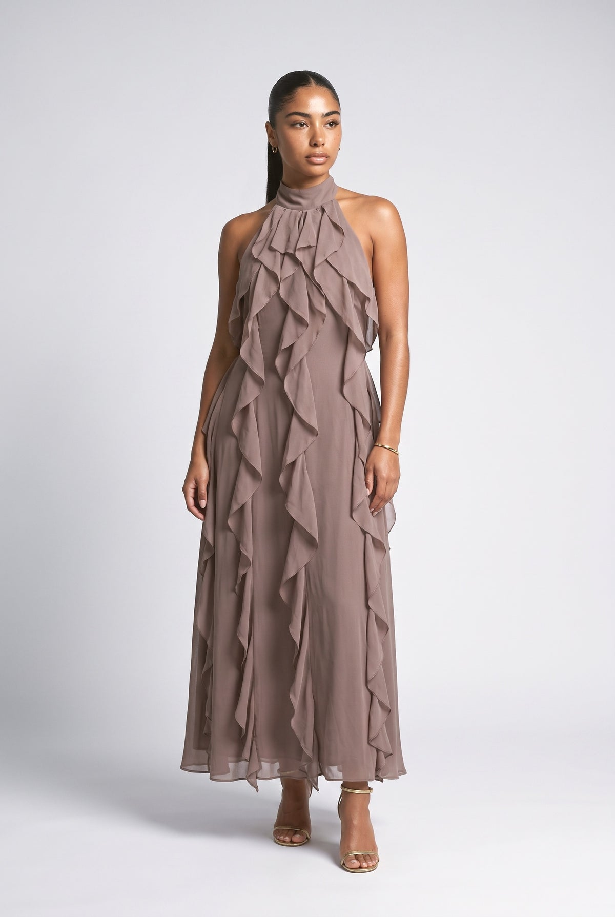 Chiffon Halter Neck Ruffle Maxi Dress, pink