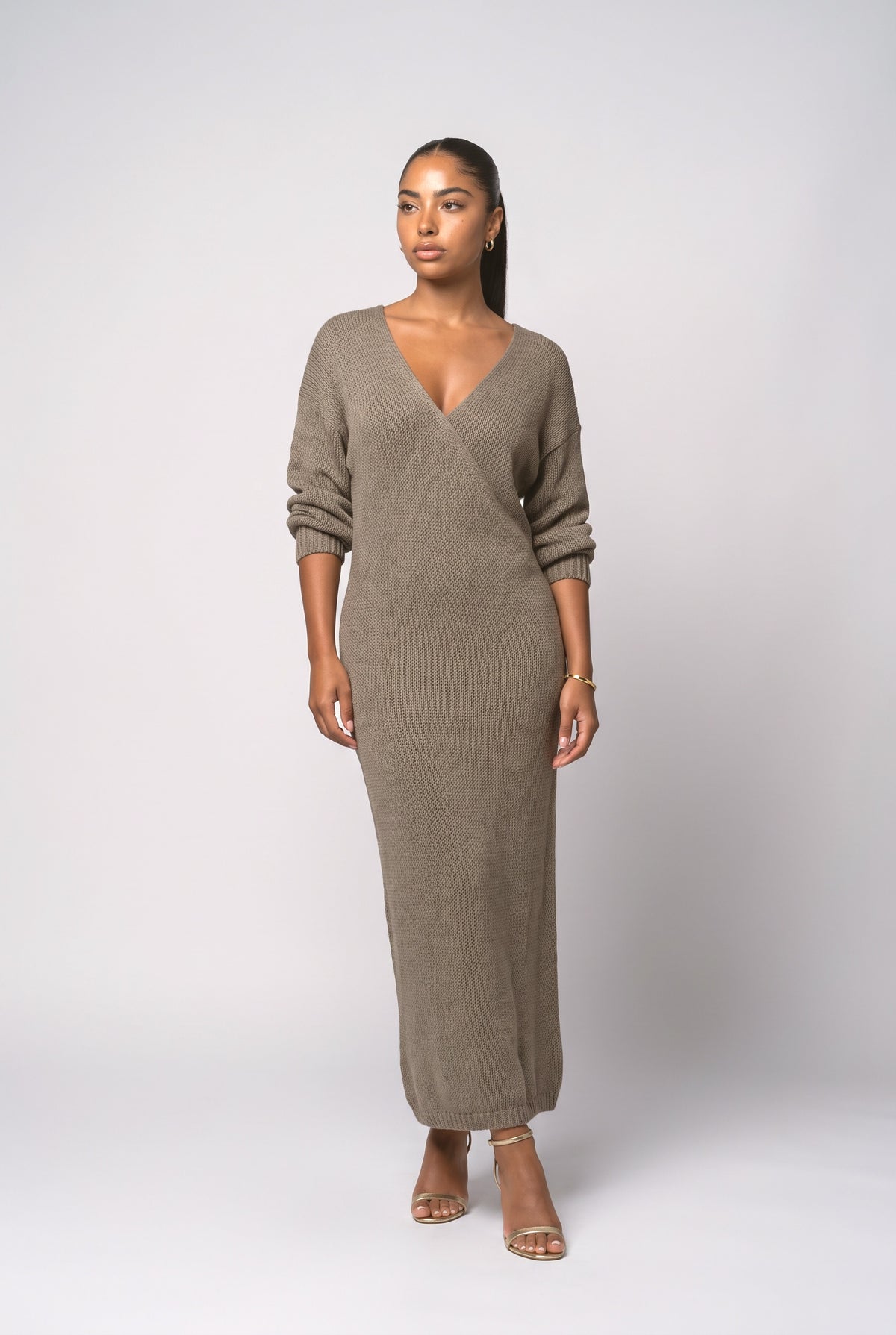 Pink Knit V-Neck Maxi Dress, pink
