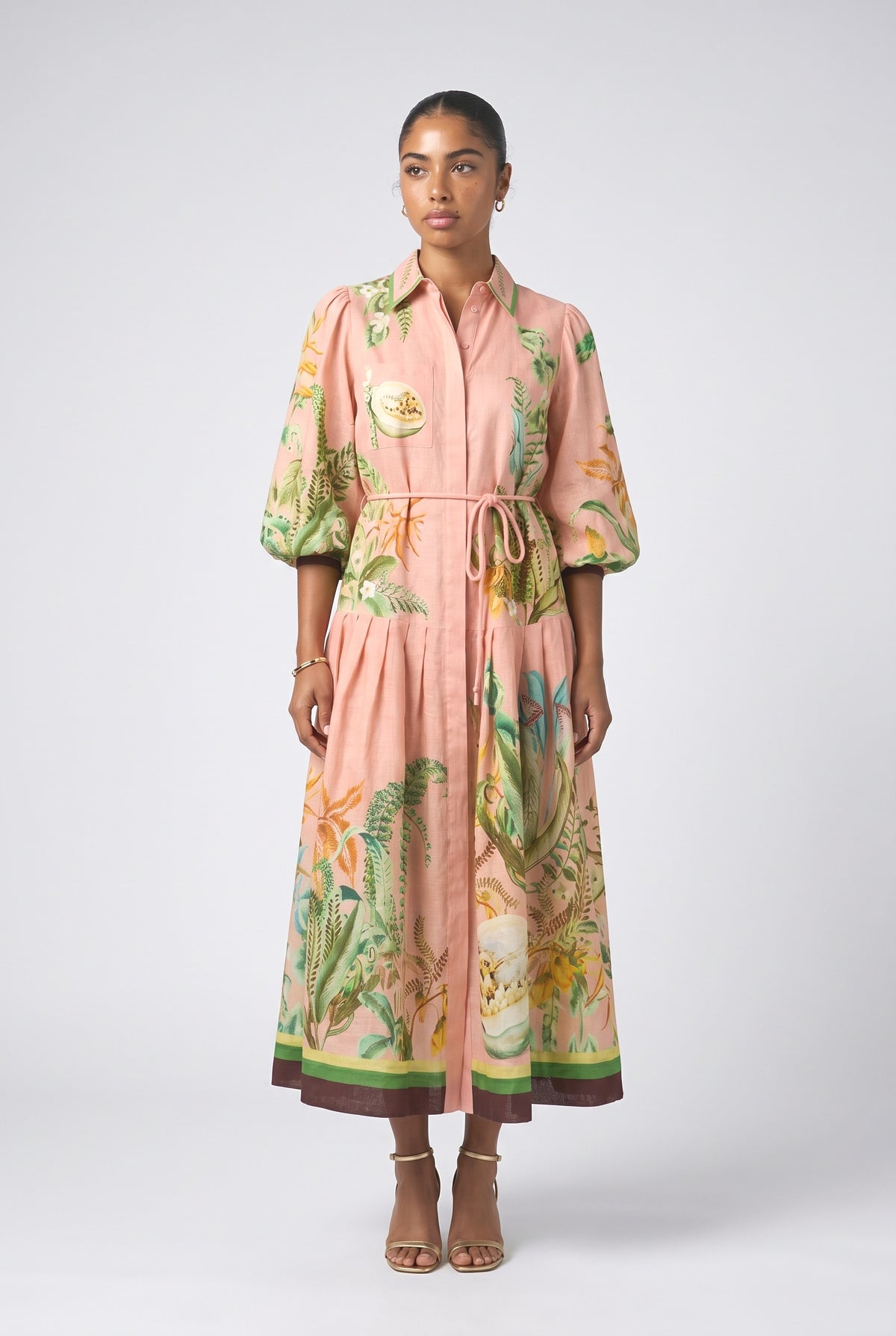 Papaya Bloom Belted Printed Maxi Dress, pink