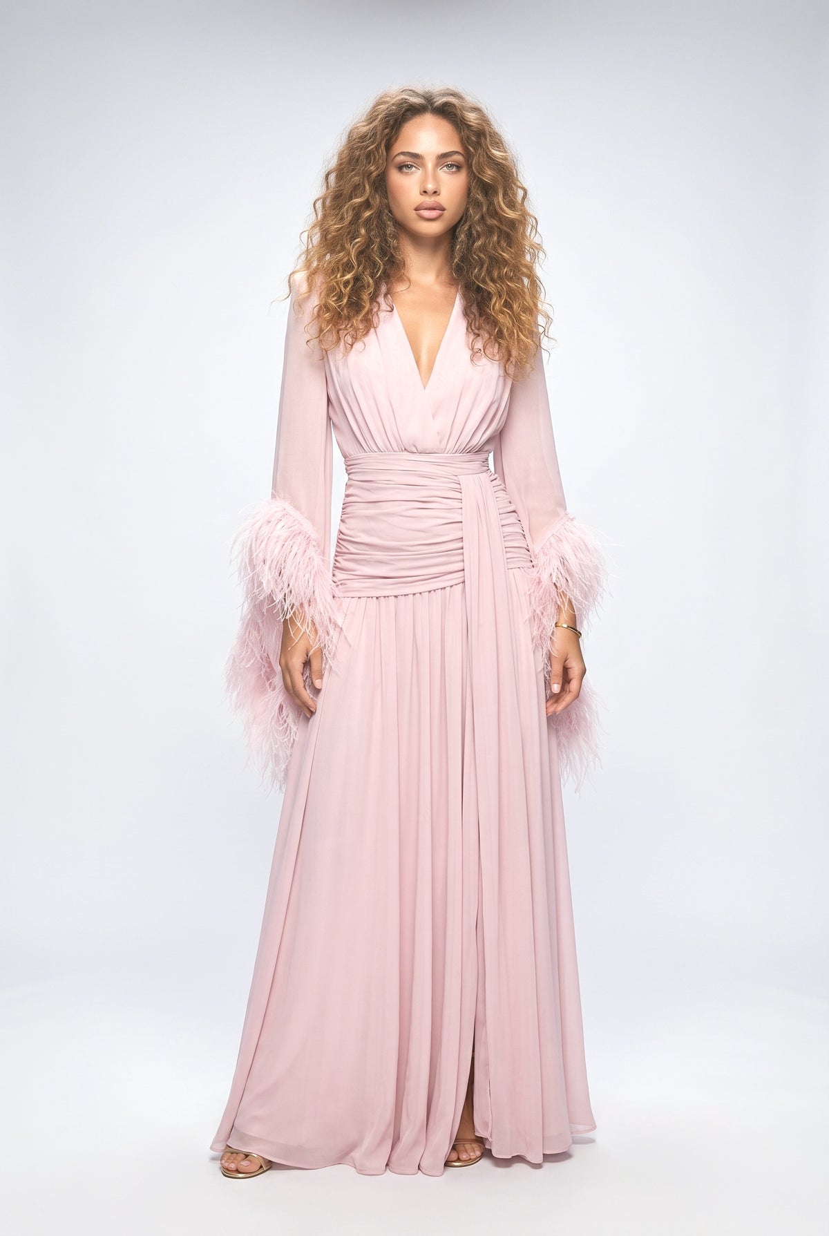 Chiffon V-Neck Feather Trim Maxi Dress, pink