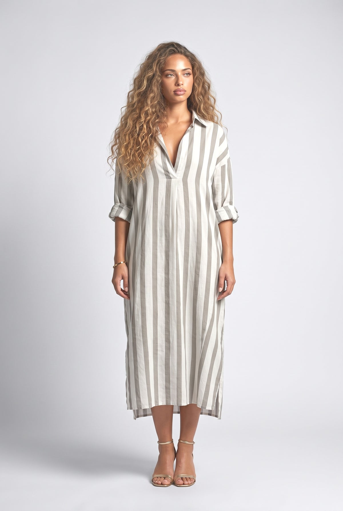 Striped V-Neck Dress, pink