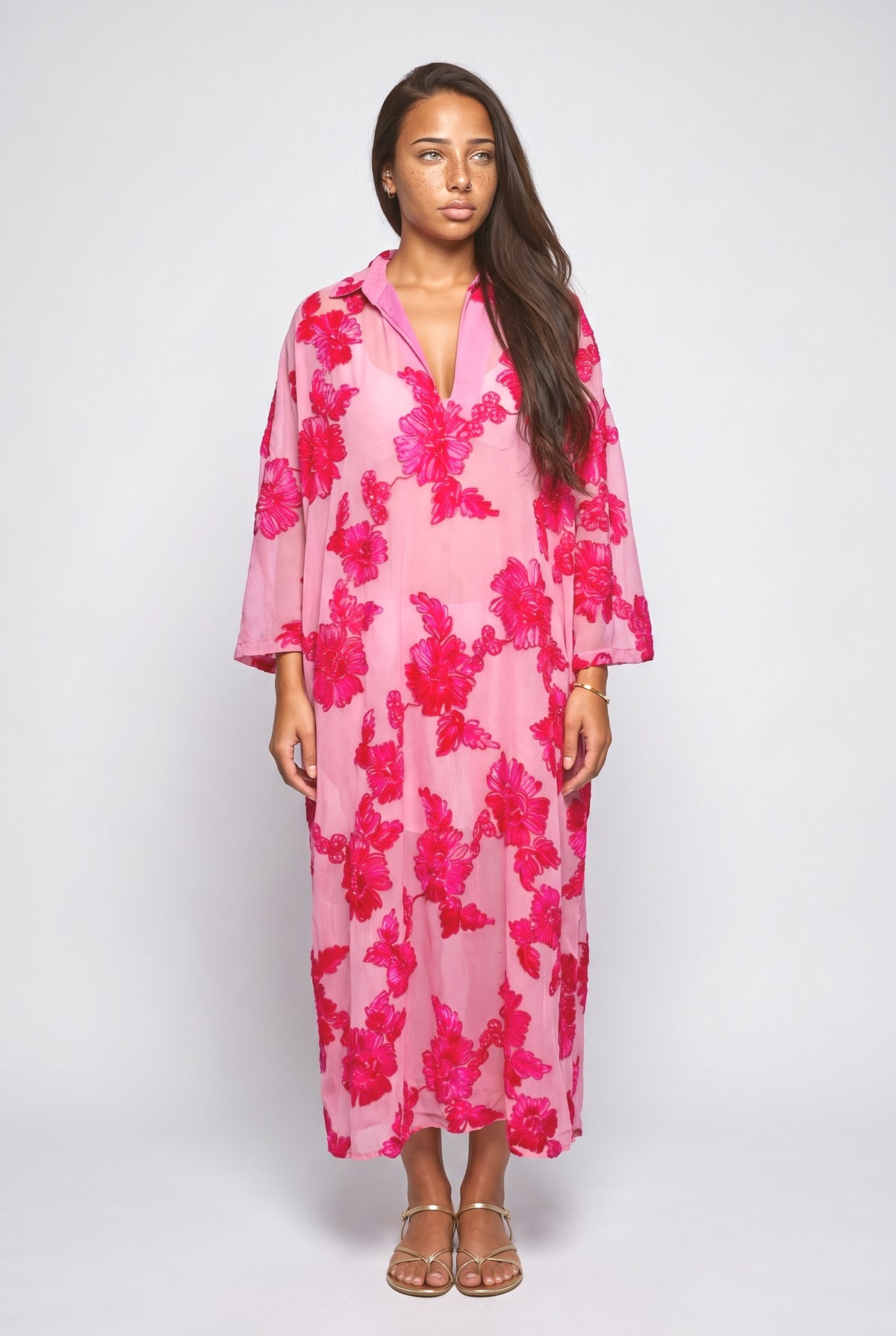 Pink Floral Sheer V-Neck Relaxed Dress, pink