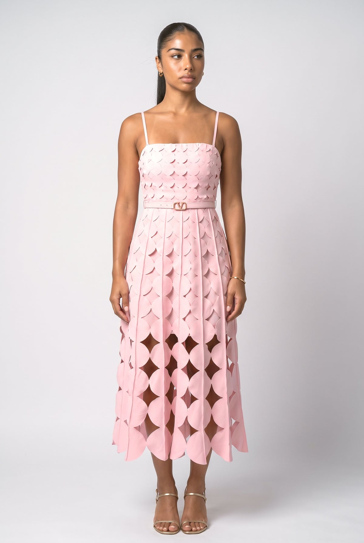 Geometric Strappy Cutout Midi Dress, pink