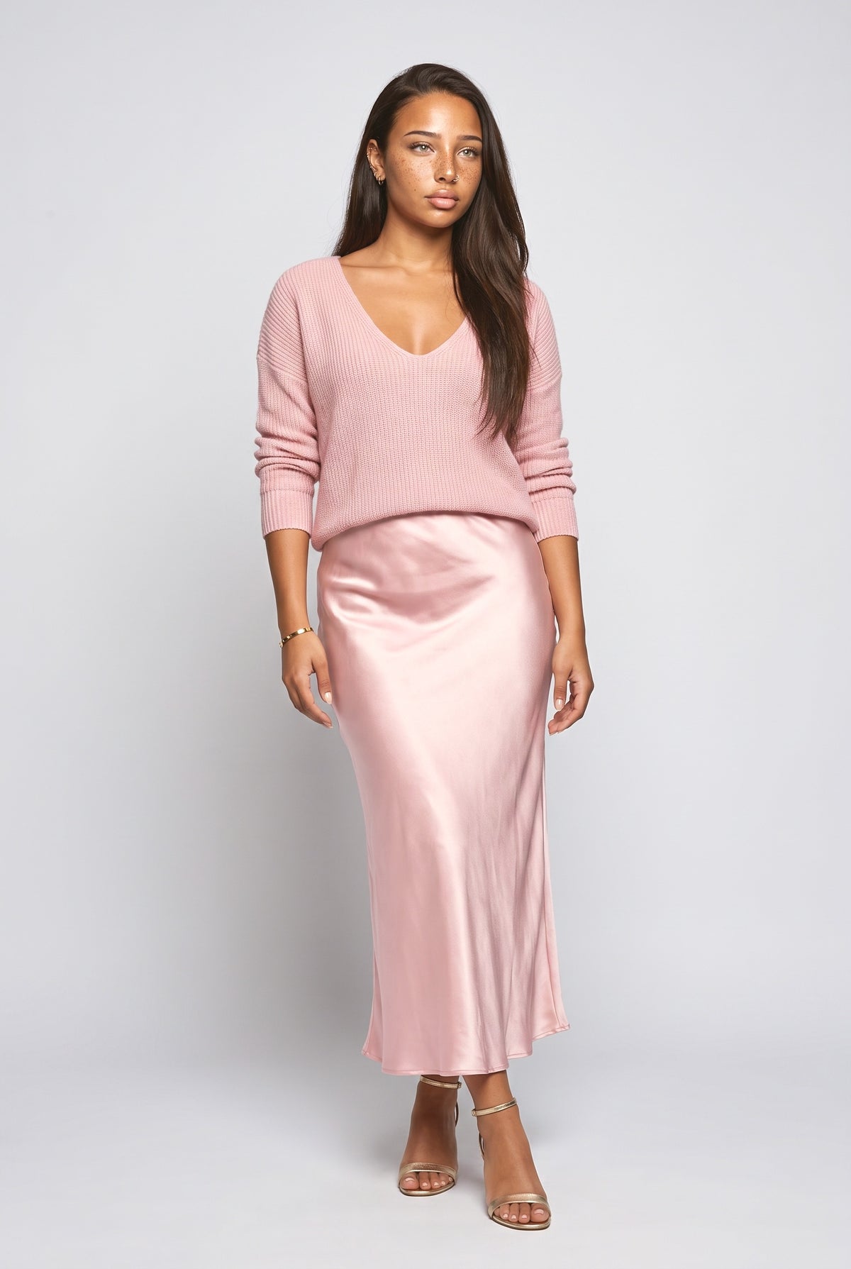 Satin V-Neck Outfit Set, pink