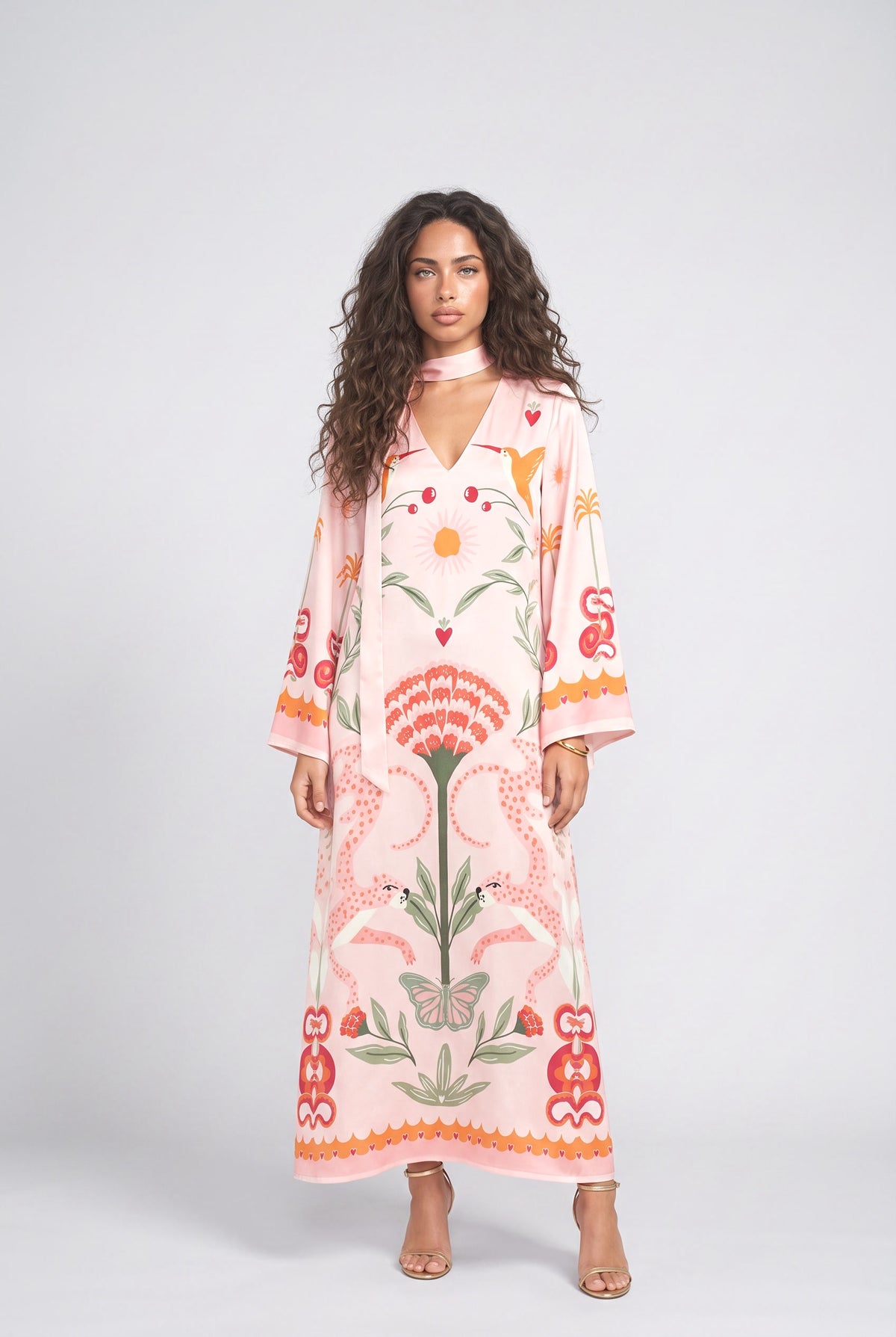 Azure Dream Printed Tie Neck Maxi Dress, pink