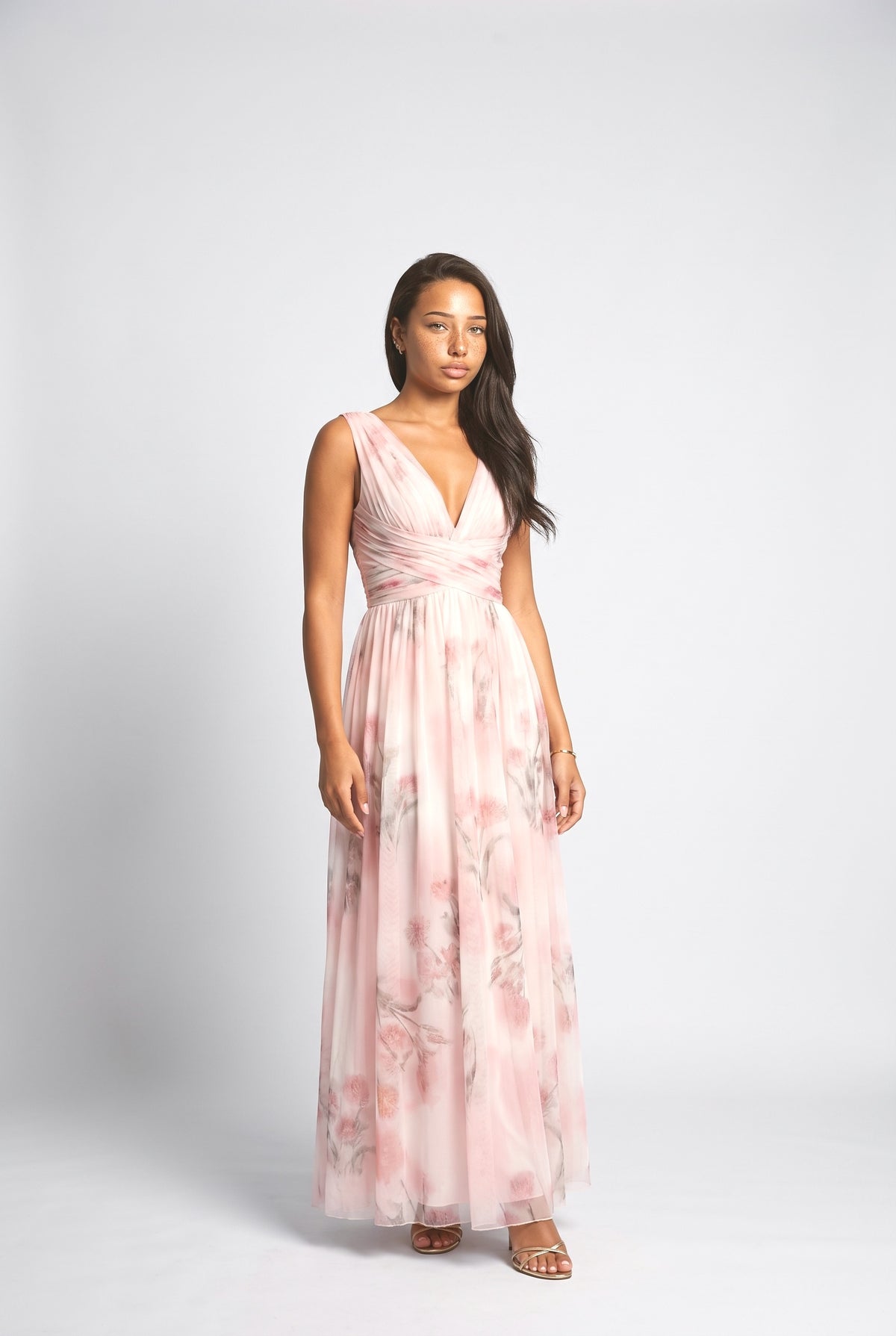 Pink Floral Tulle V-Neck Maxi Dress, pink