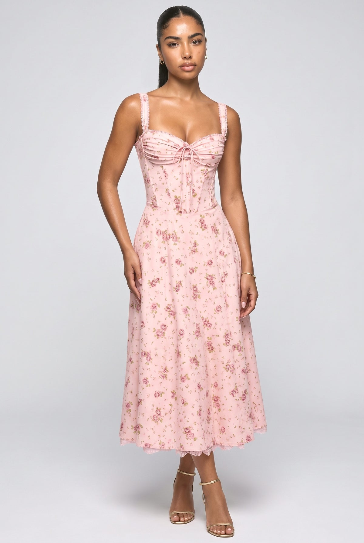 Pink Floral Midi Dress, pink