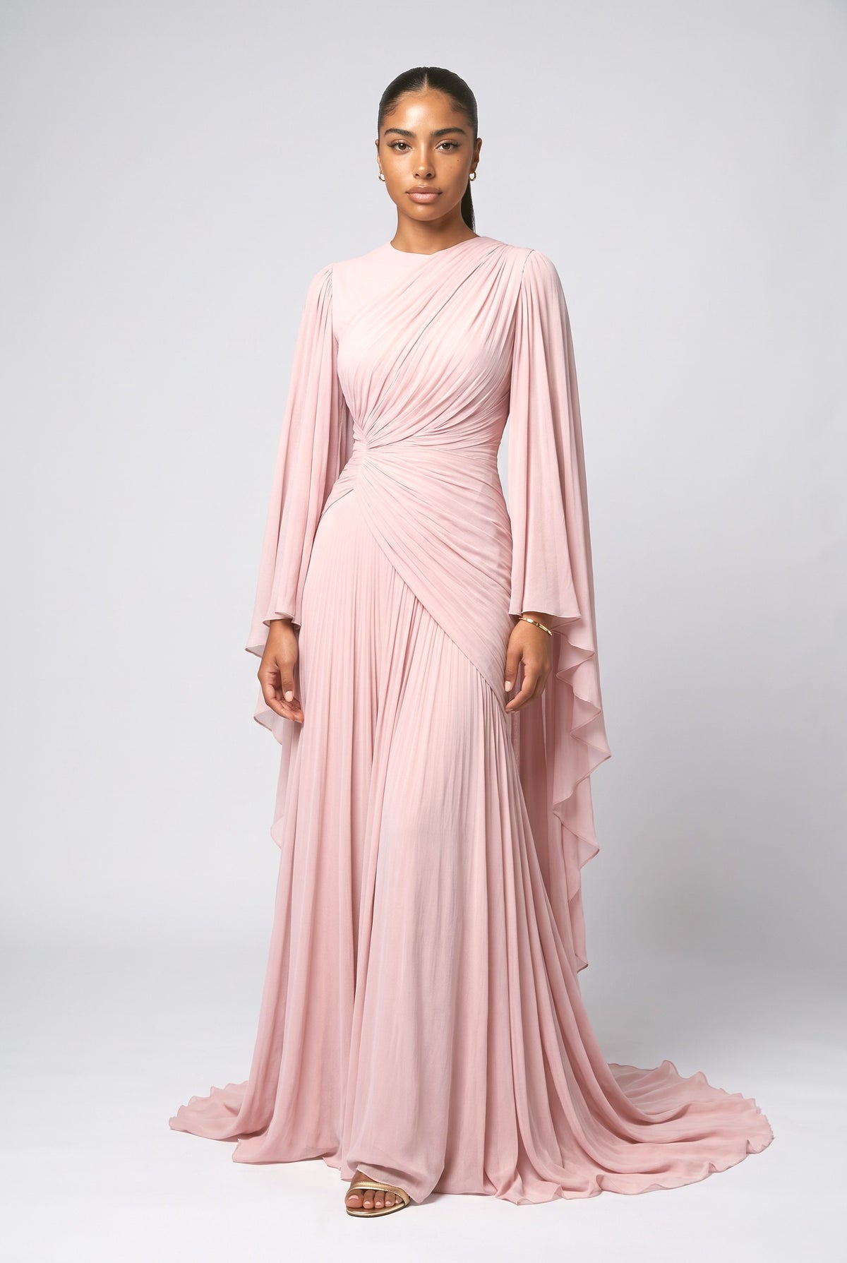 Chiffon High Neck Pleated Maxi Dress, pink