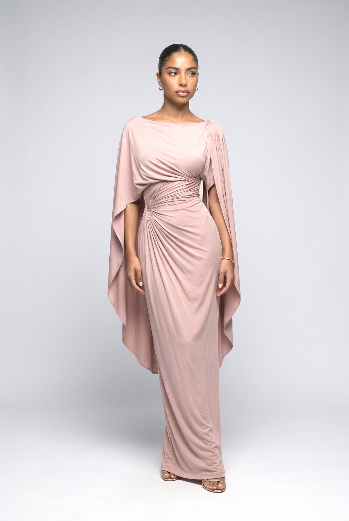 Boat Neck Pleated Slim Fit Maxi Dress, pink