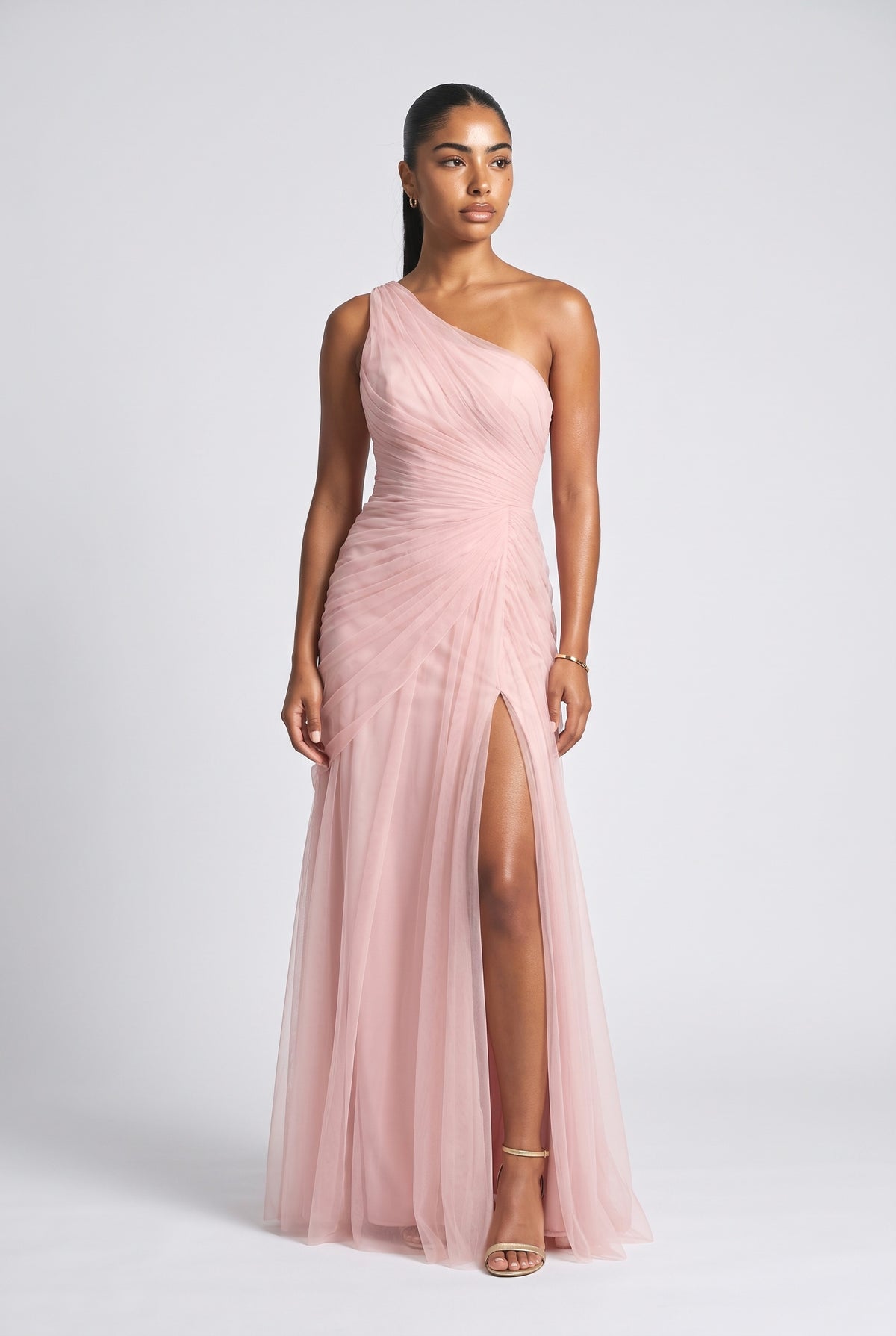 Tulle One-Shoulder Ruched Maxi Dress, pink