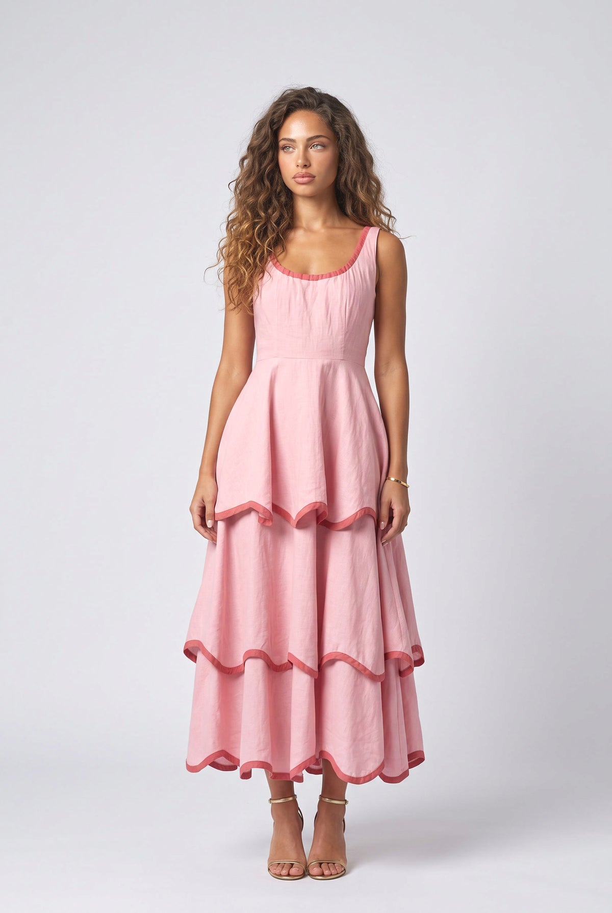 Sleeveless Tiered Maxi Dress, pink