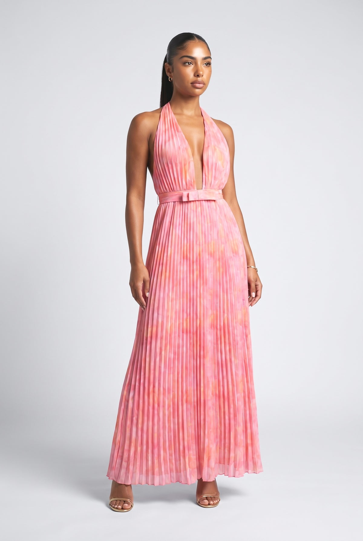 Pink Halter Neck Pleated Maxi Dress, pink