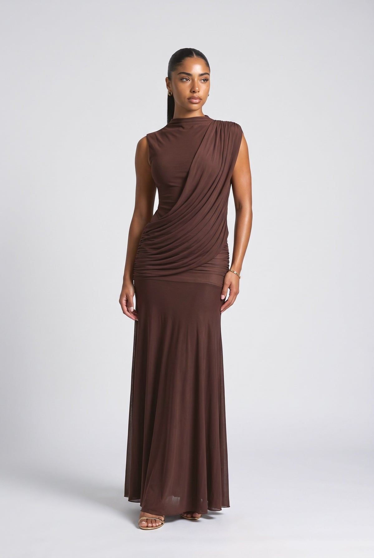 Draped Maxi Dress, plum brown