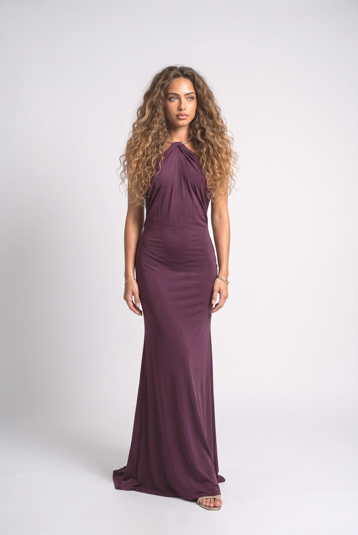 Satin Halter Neck Draped Maxi Dress, plum purple