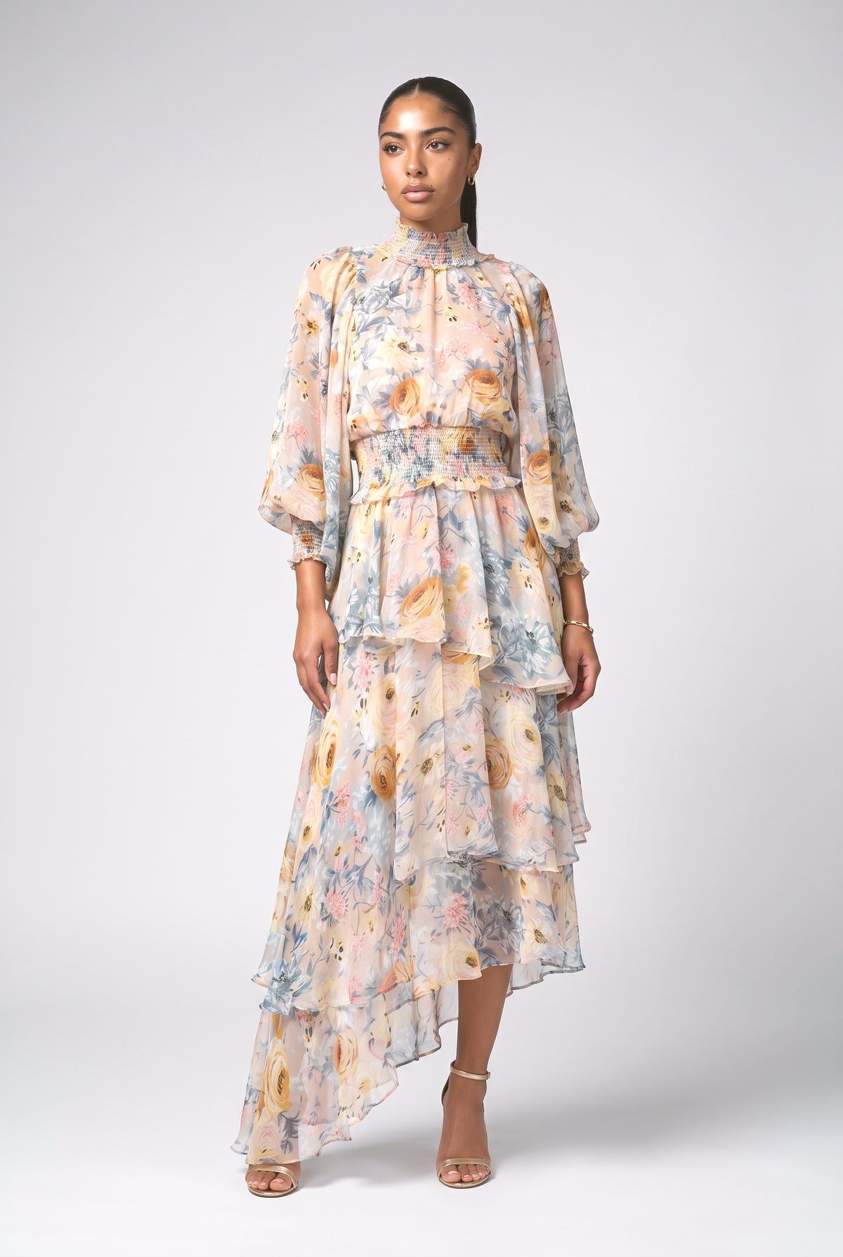 Multicolor Print Chiffon Maxi Dress, printed