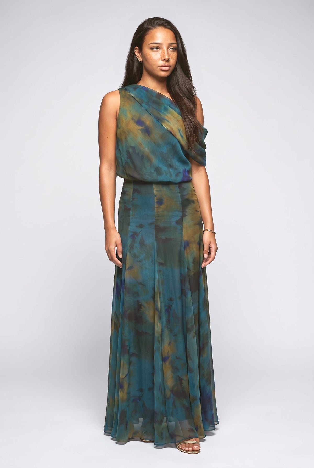 Multicolor Print Asymmetric Outfit Set, printed