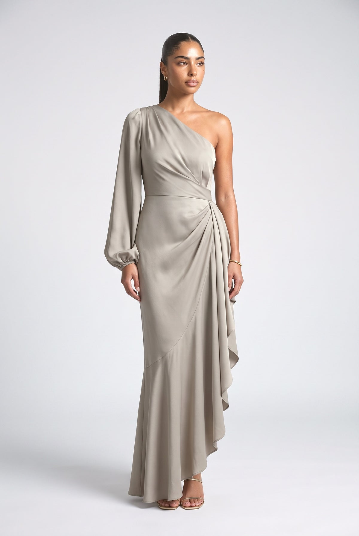 One-Sleeve Irregular Hem Maxi Dress, printed