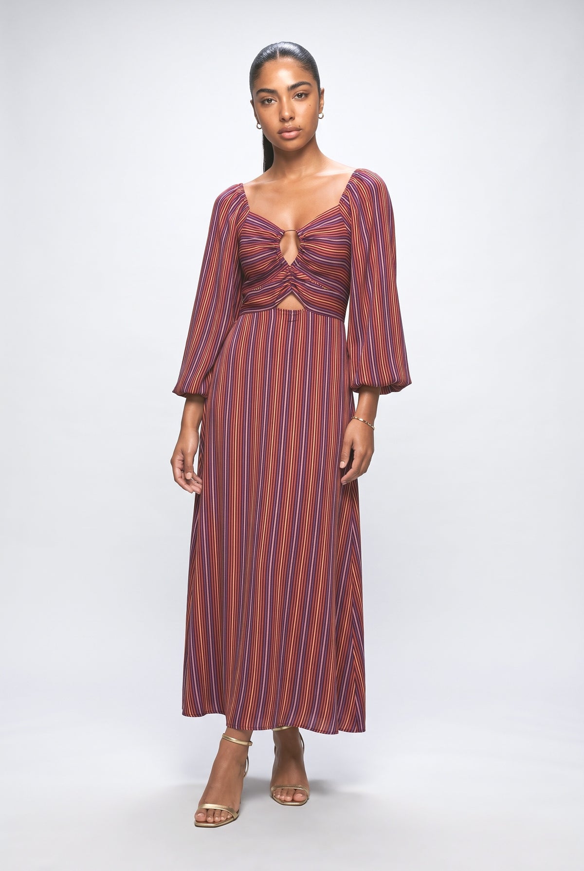Hollow Design Striped Maxi Dress, printed