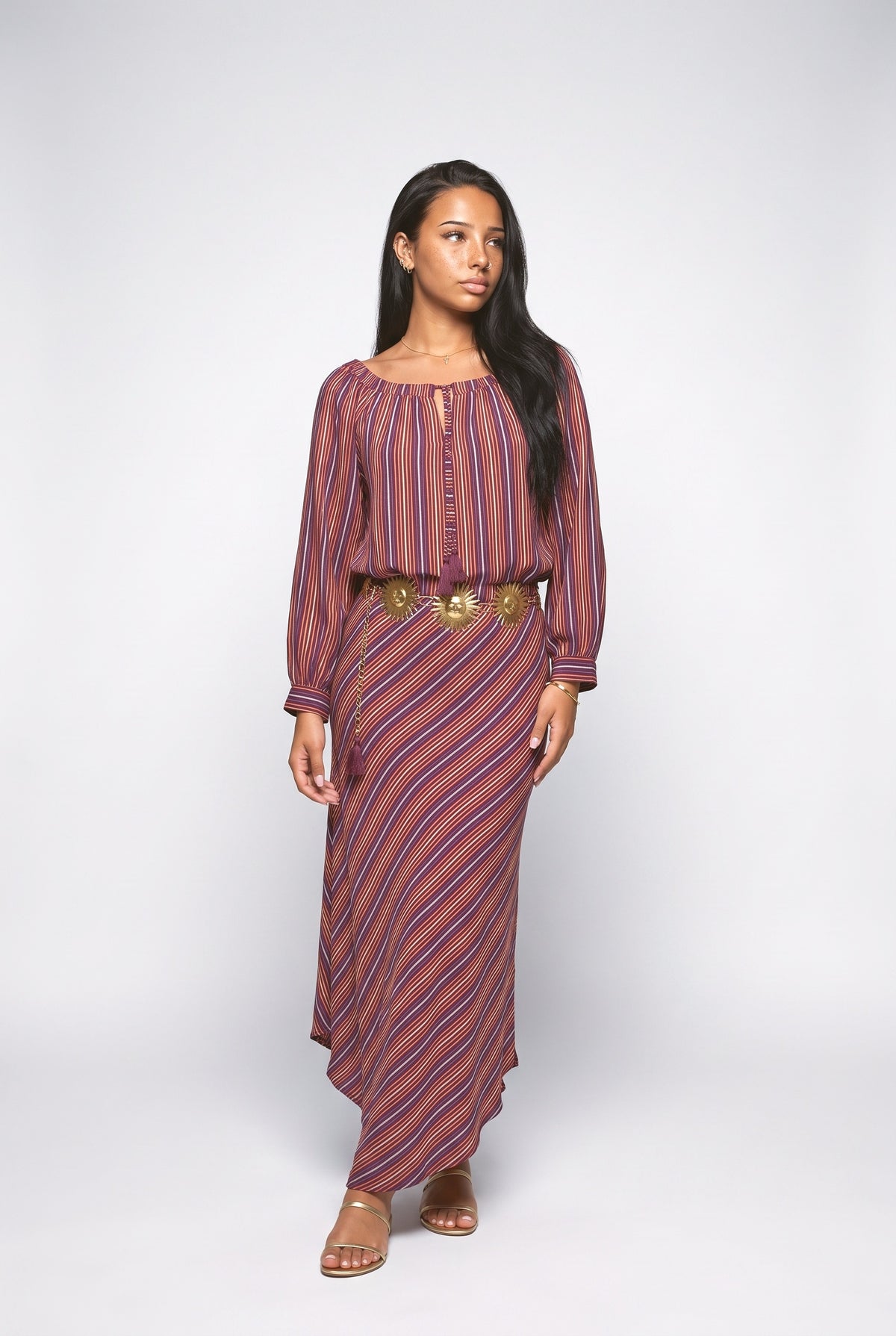 Striped Irregular Hem Maxi Dress, printed