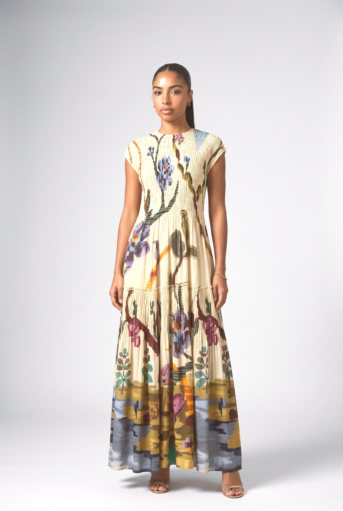 Multicolor Pleated Maxi Dress, printed