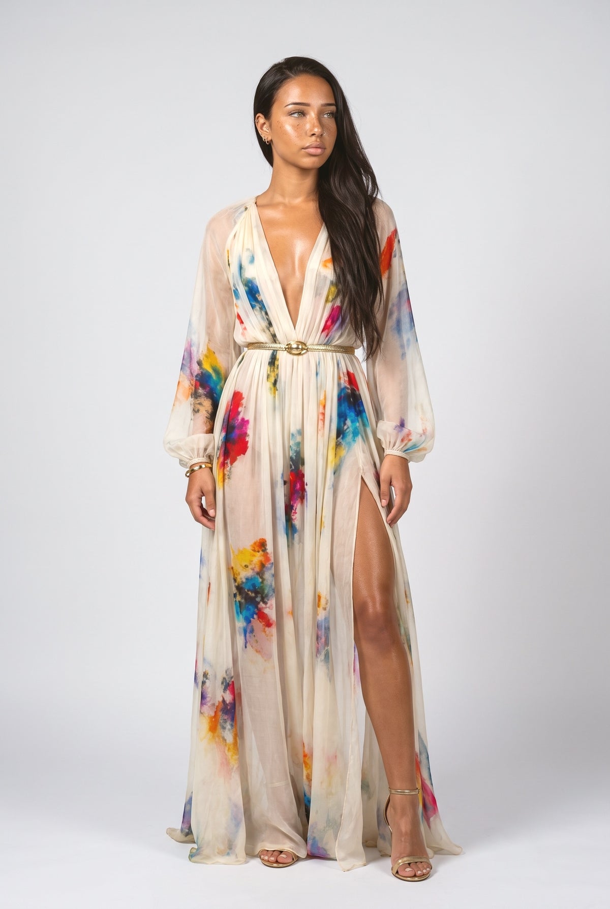 Multicolor Print V-Neck Puff Sleeve Maxi Dress, printed