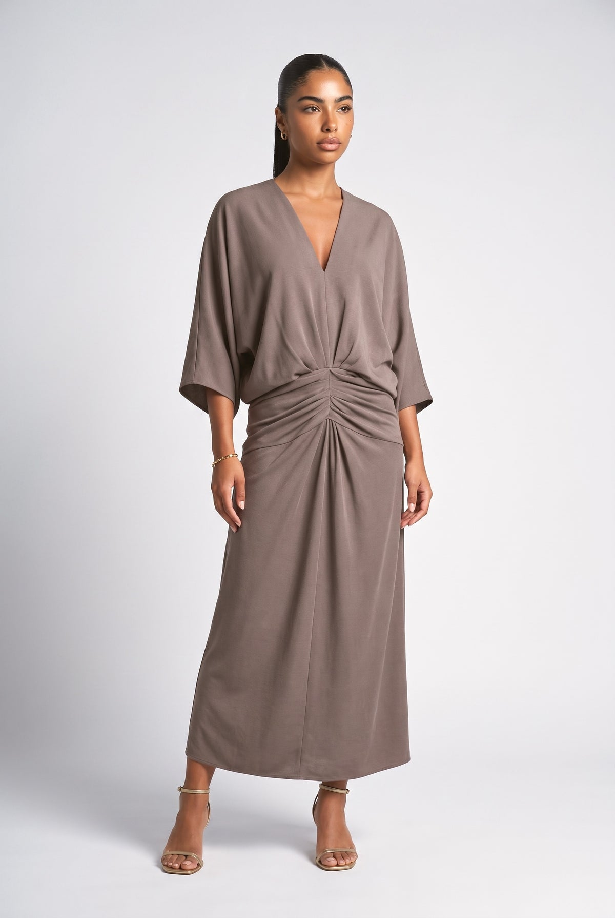 Purple Batwing Sleeve Pleated Maxi Dress, purple brown