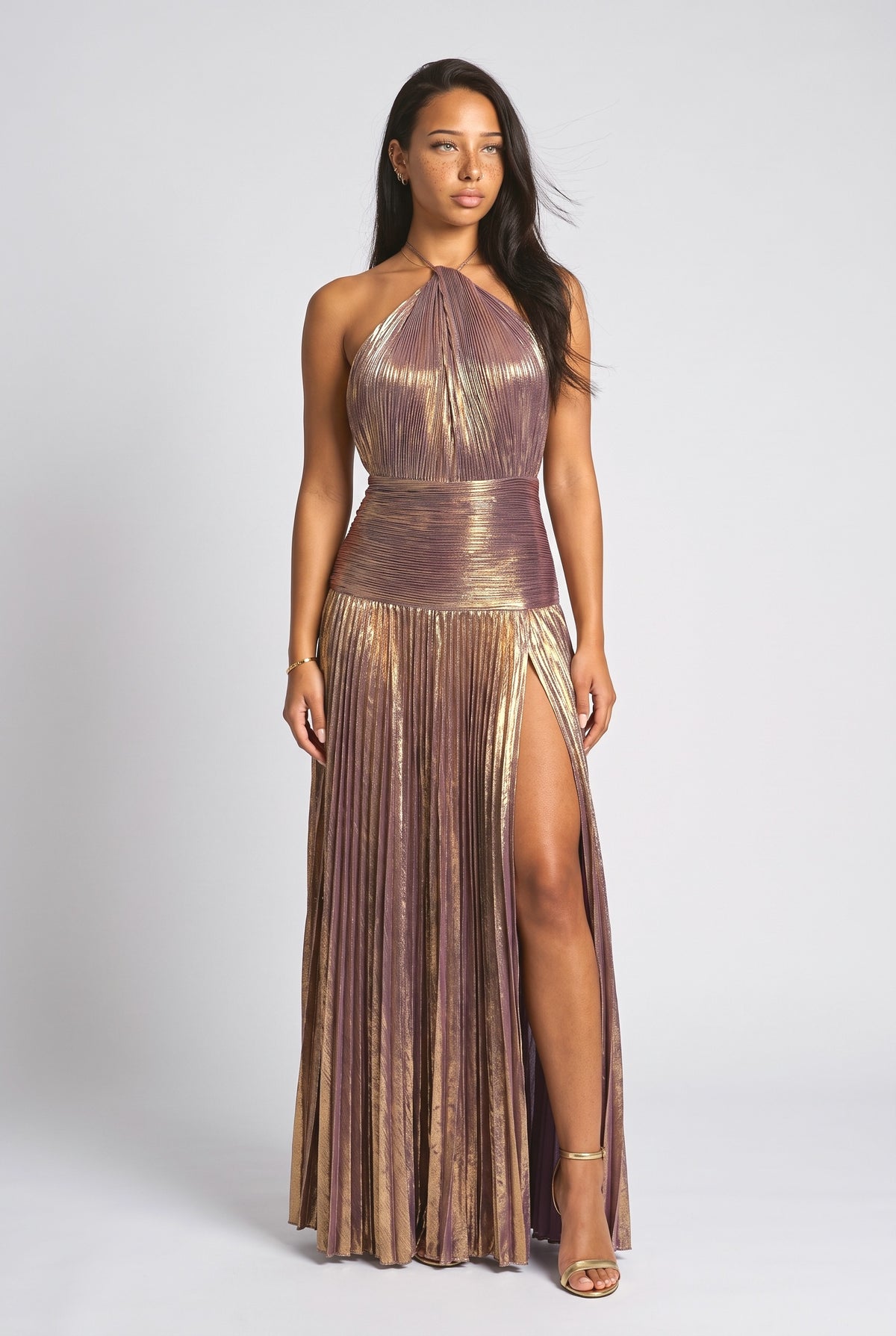 Metallic Pleated Halter Neck Maxi Dress, purple gold
