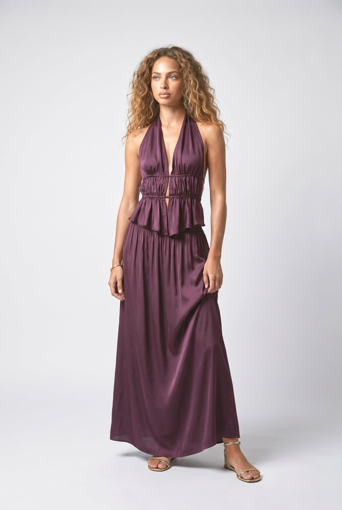 Purple Satin Ruched Outfit Set, purple set