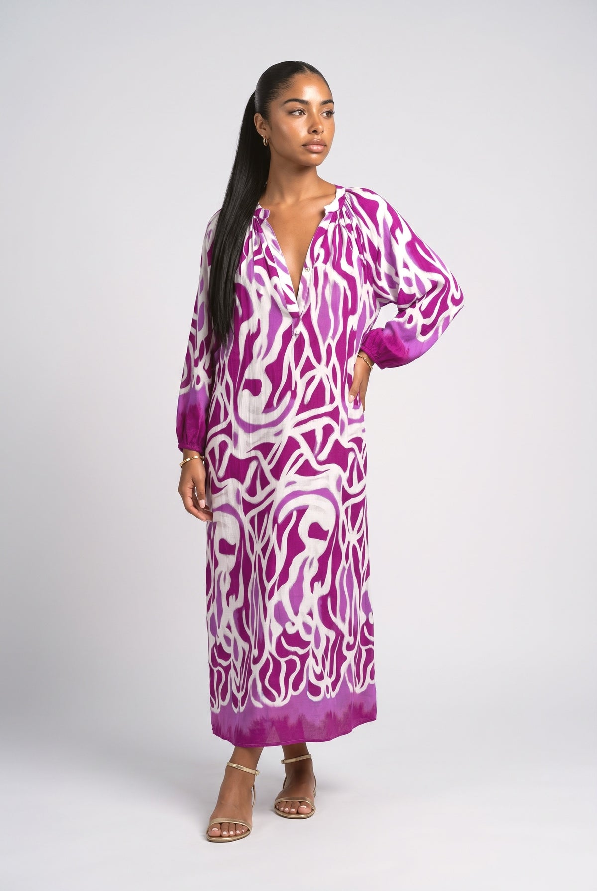 Print V-Neck Relaxed Dress, purple