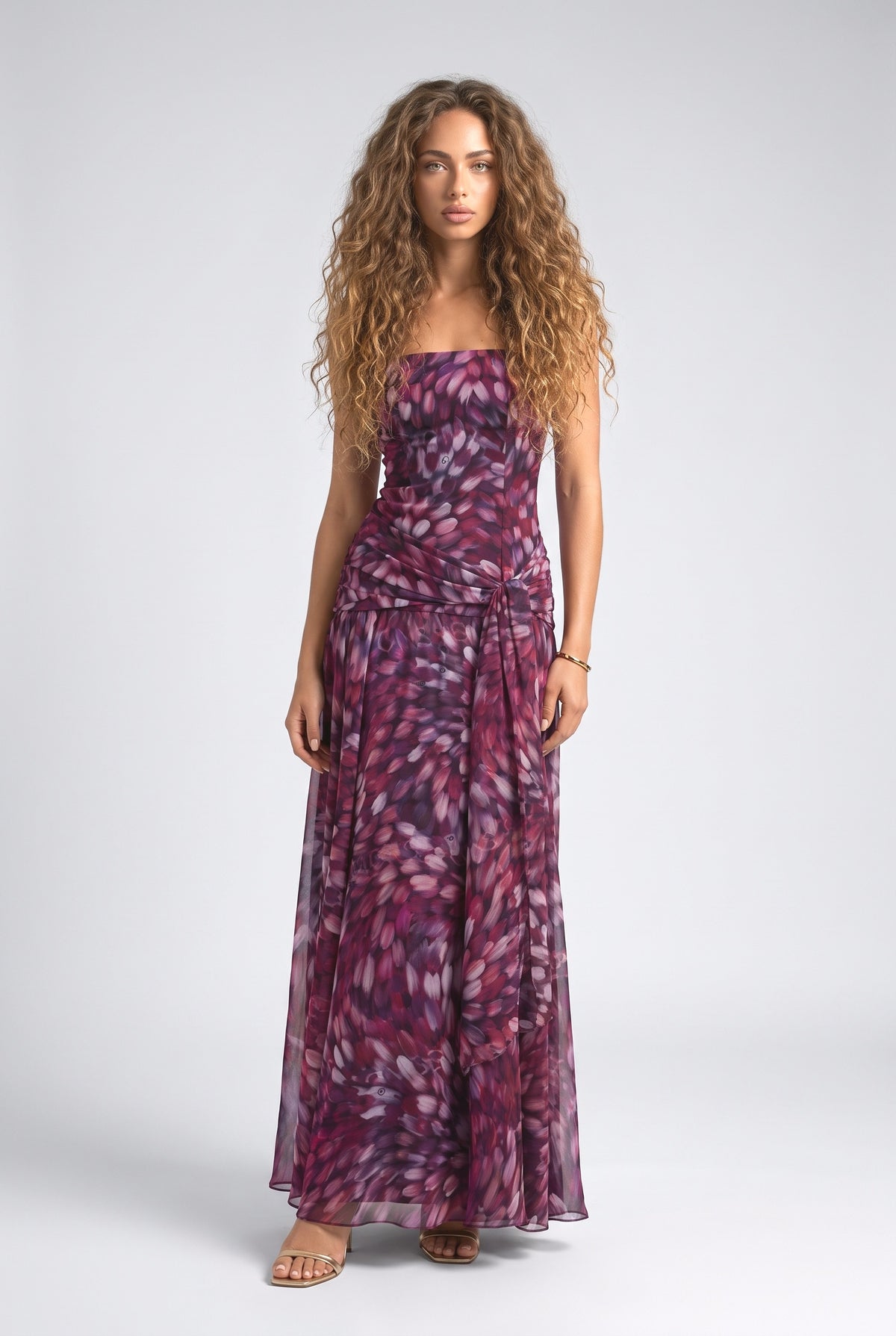 Purple Abstract Strappy Ruched Maxi Dress, purple