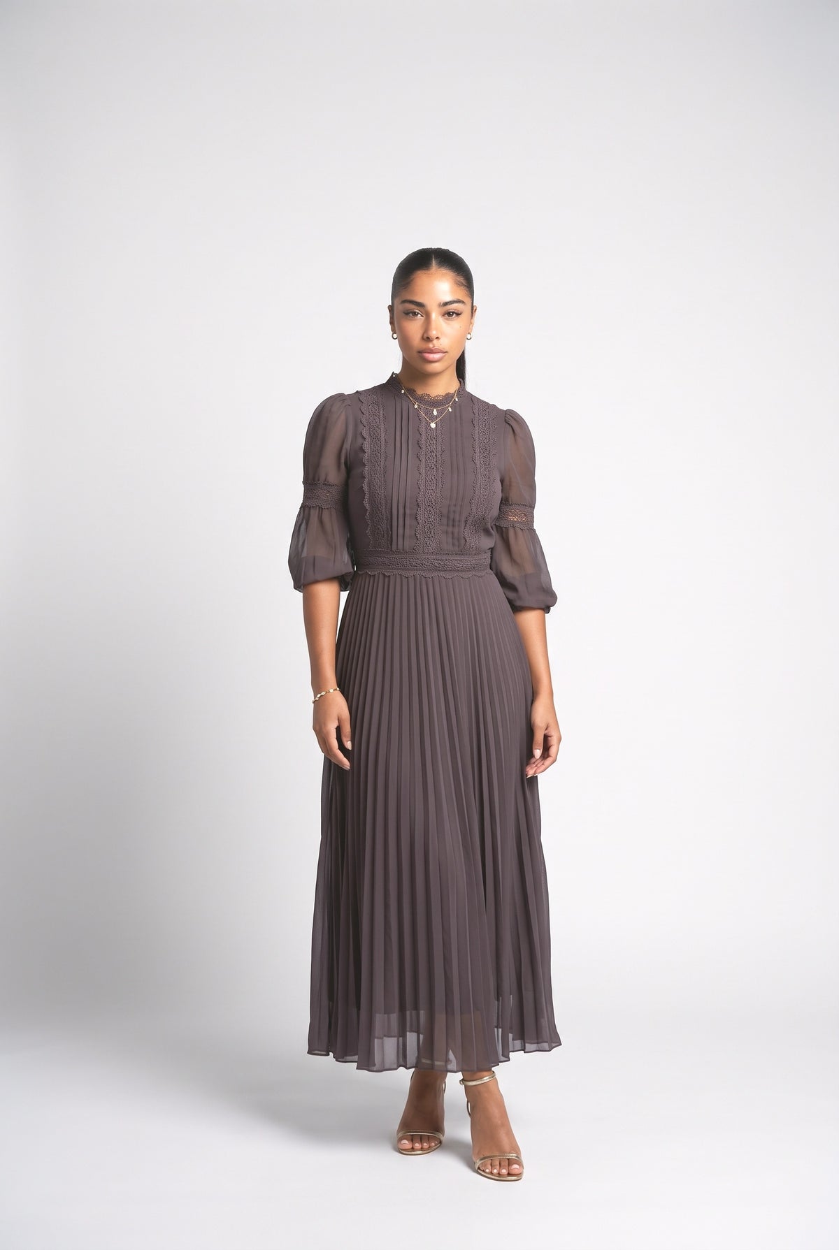 Lace Trim Pleated Chiffon Maxi Dress, purple