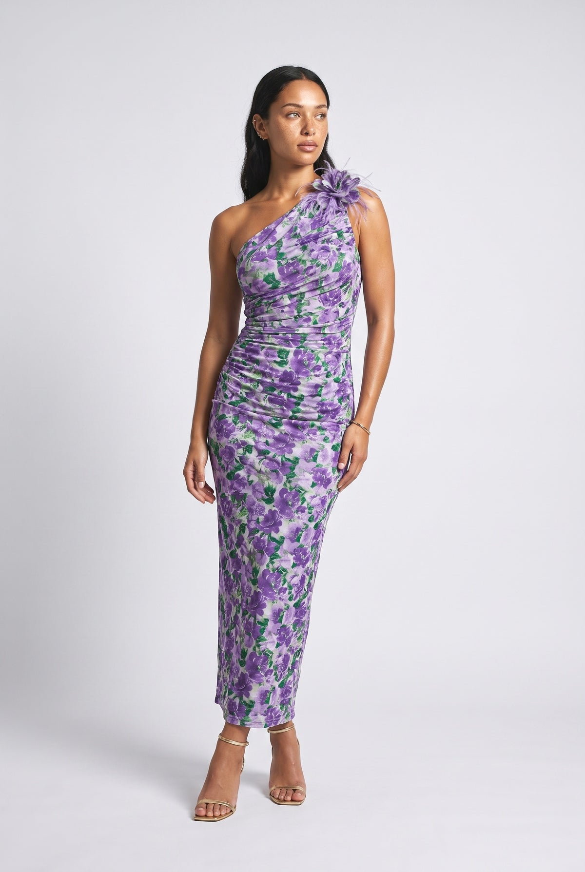 Floral Sheer One-Shoulder Ruched Maxi Dress, purple