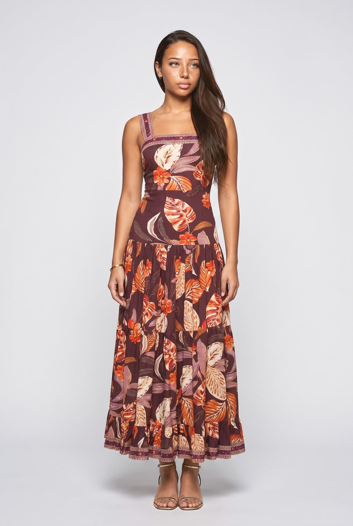 Purple Tropical Square Neck Tiered Maxi Dress, purple