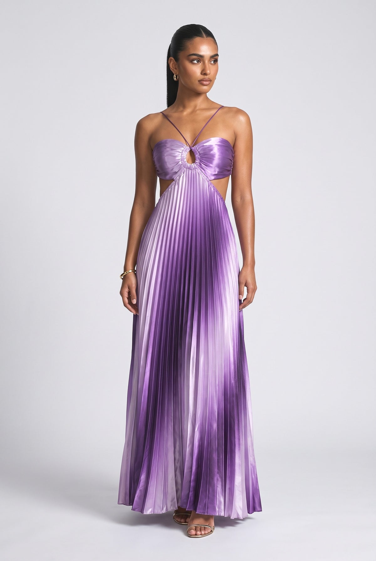 Ombre Halter Pleated Maxi Dress, purple