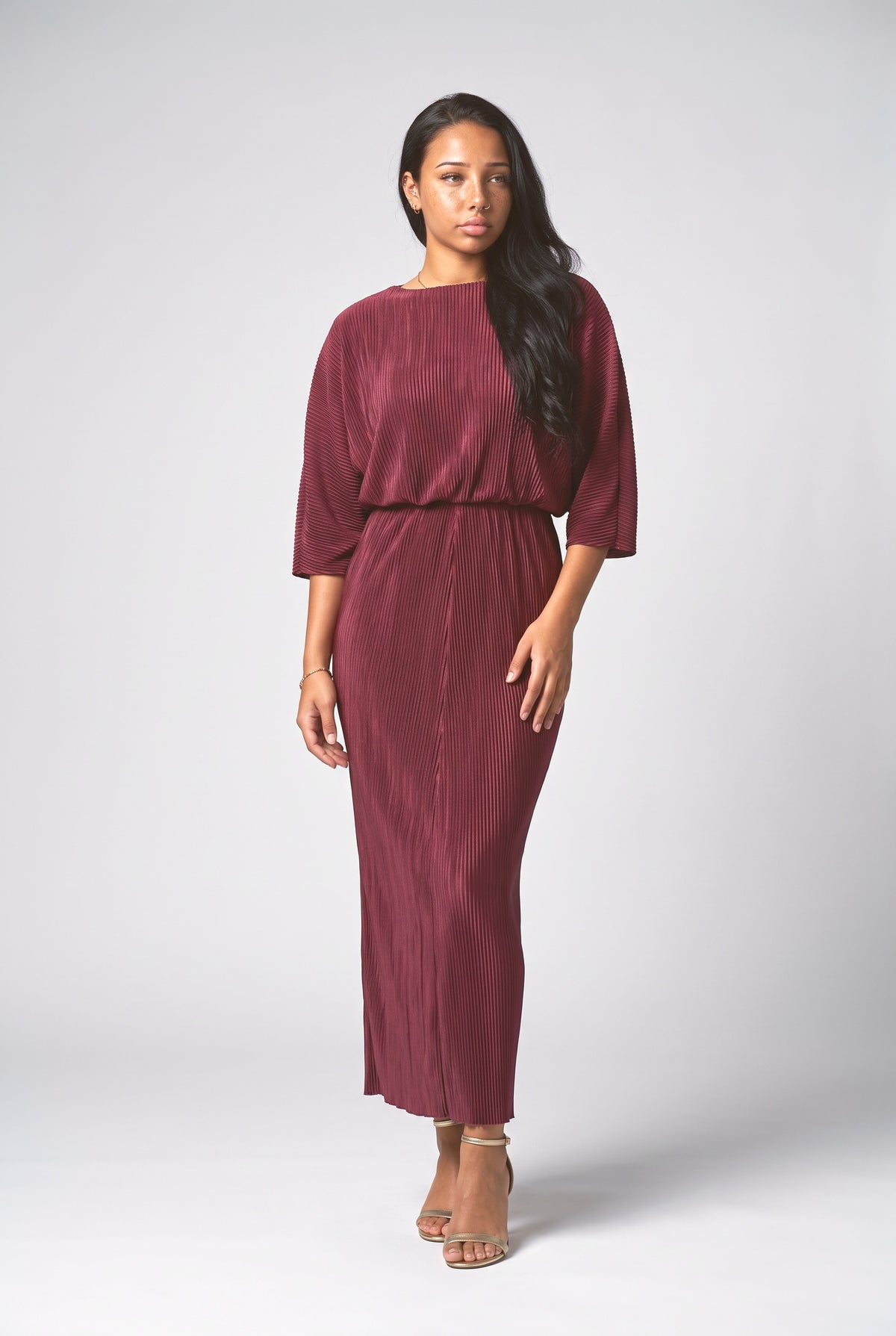 Pleated Long Dress Two-piece Set, purple