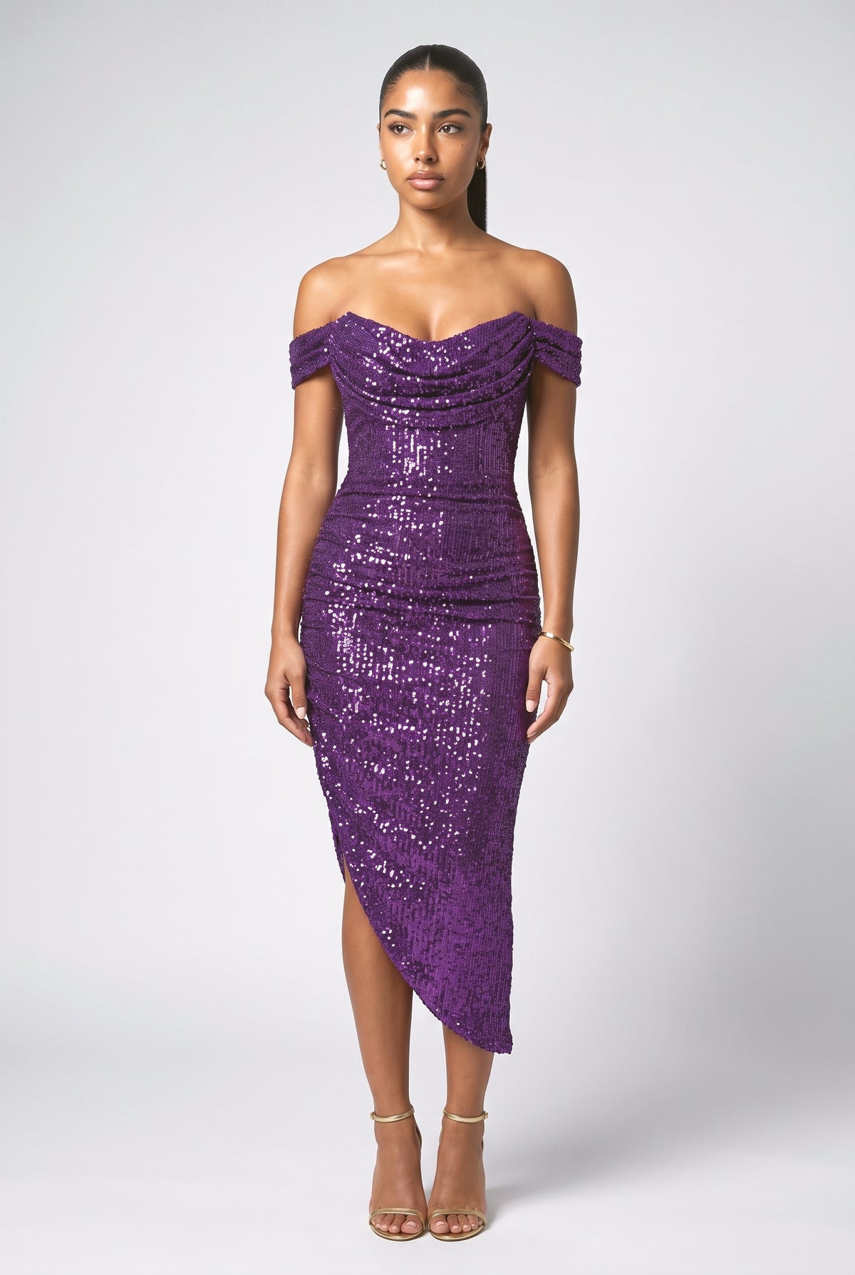 Sequin Off-Shoulder Asymmetric Midi Dress, purple