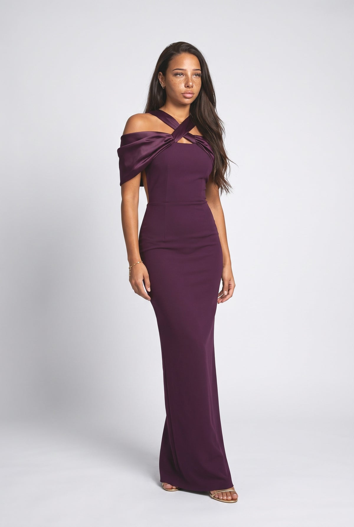 Purple Satin Backless Maxi Dress, purple
