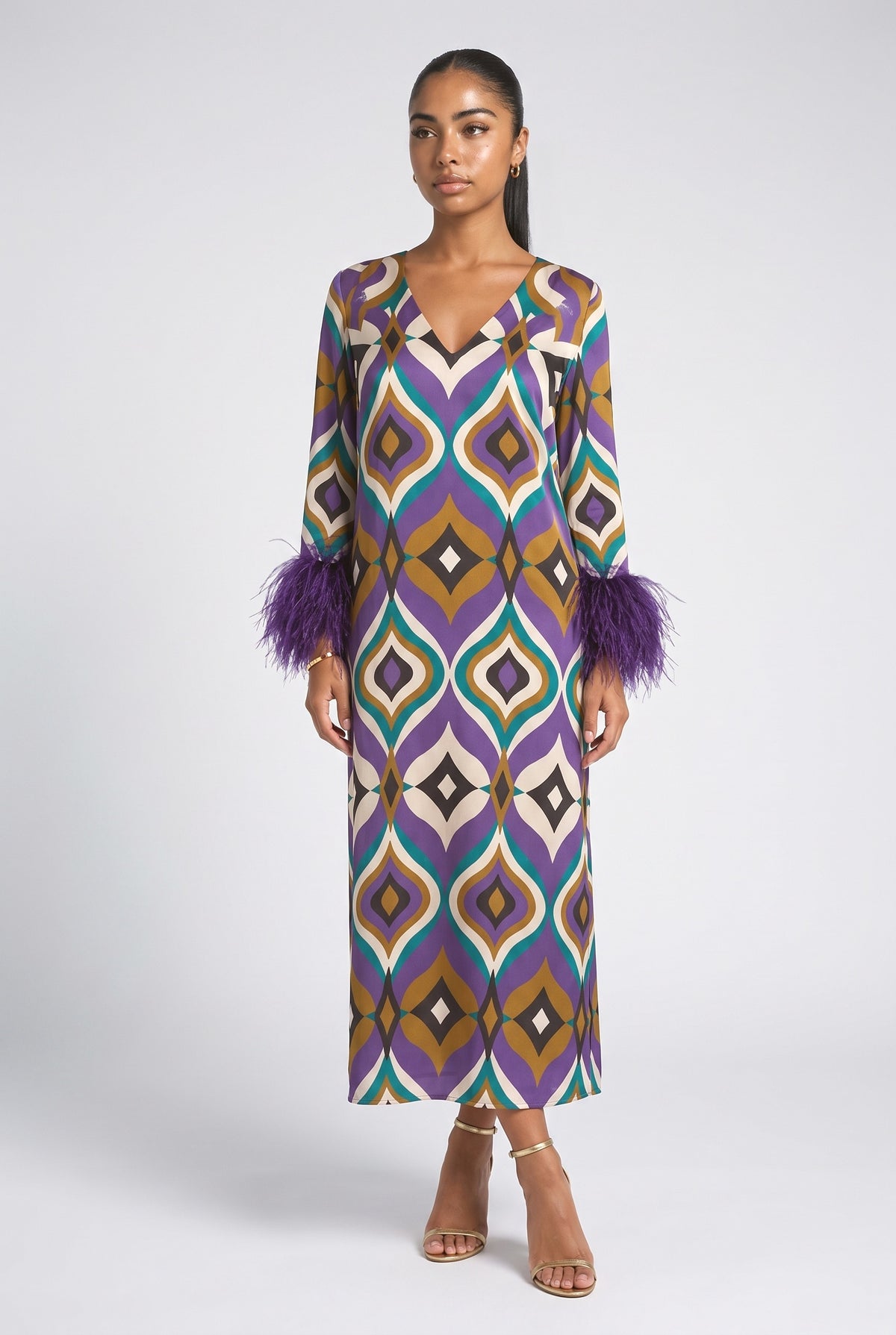 Purple Geometric Satin Feather Trim Maxi Dress, purple