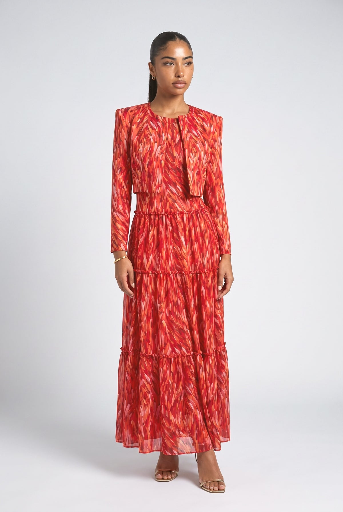 Abstract Halter Neck Tiered Maxi Dress, red coat