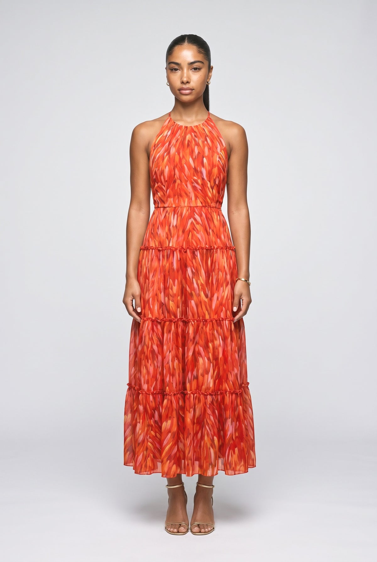 Abstract Halter Neck Tiered Maxi Dress, red dress