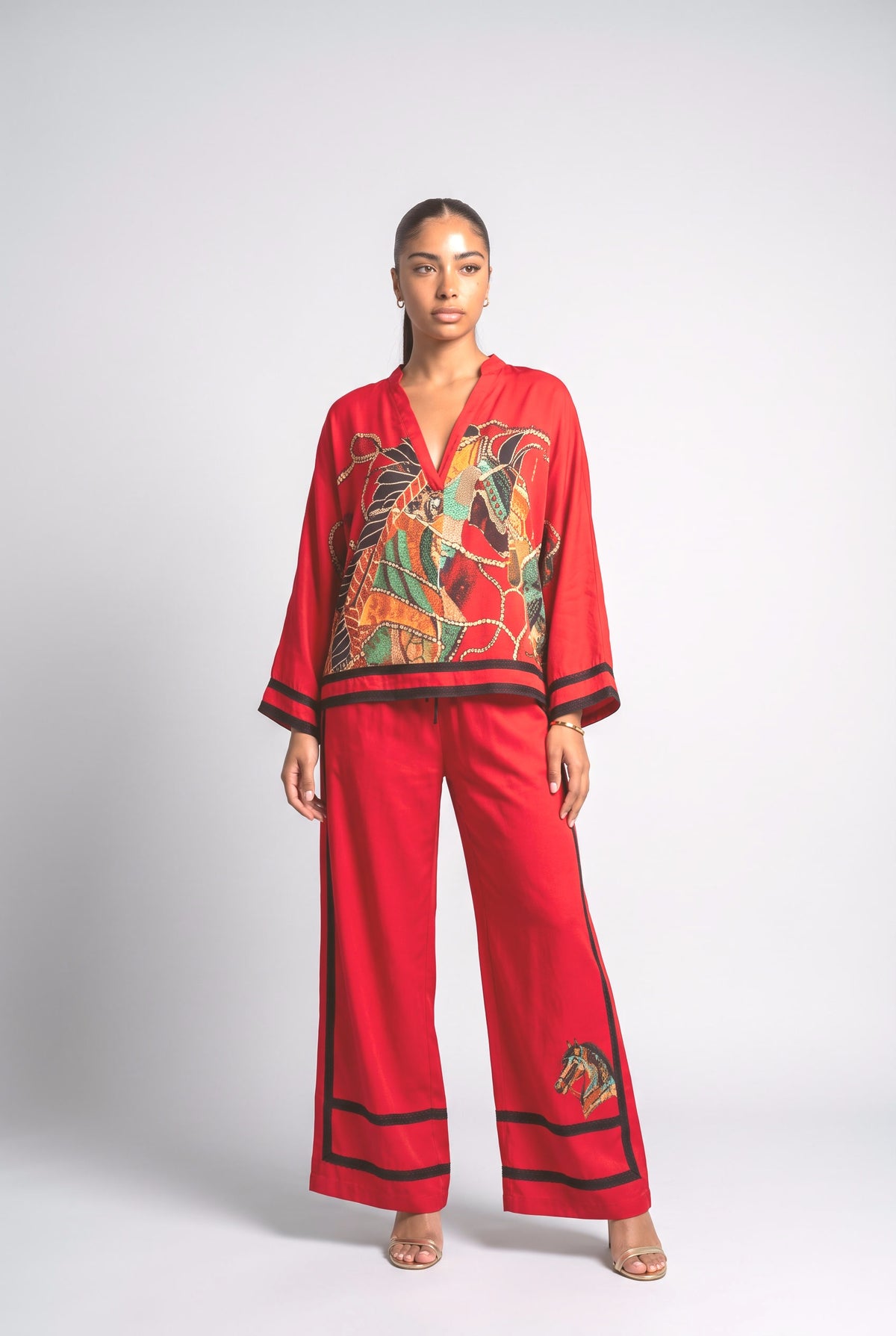 Horse Print Satin Kimono Top & Pants Two-Piece Set, red set