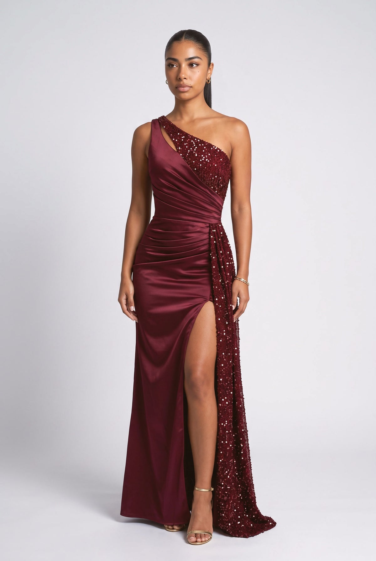 Sequin One-Shoulder Slit Maxi Dress, red