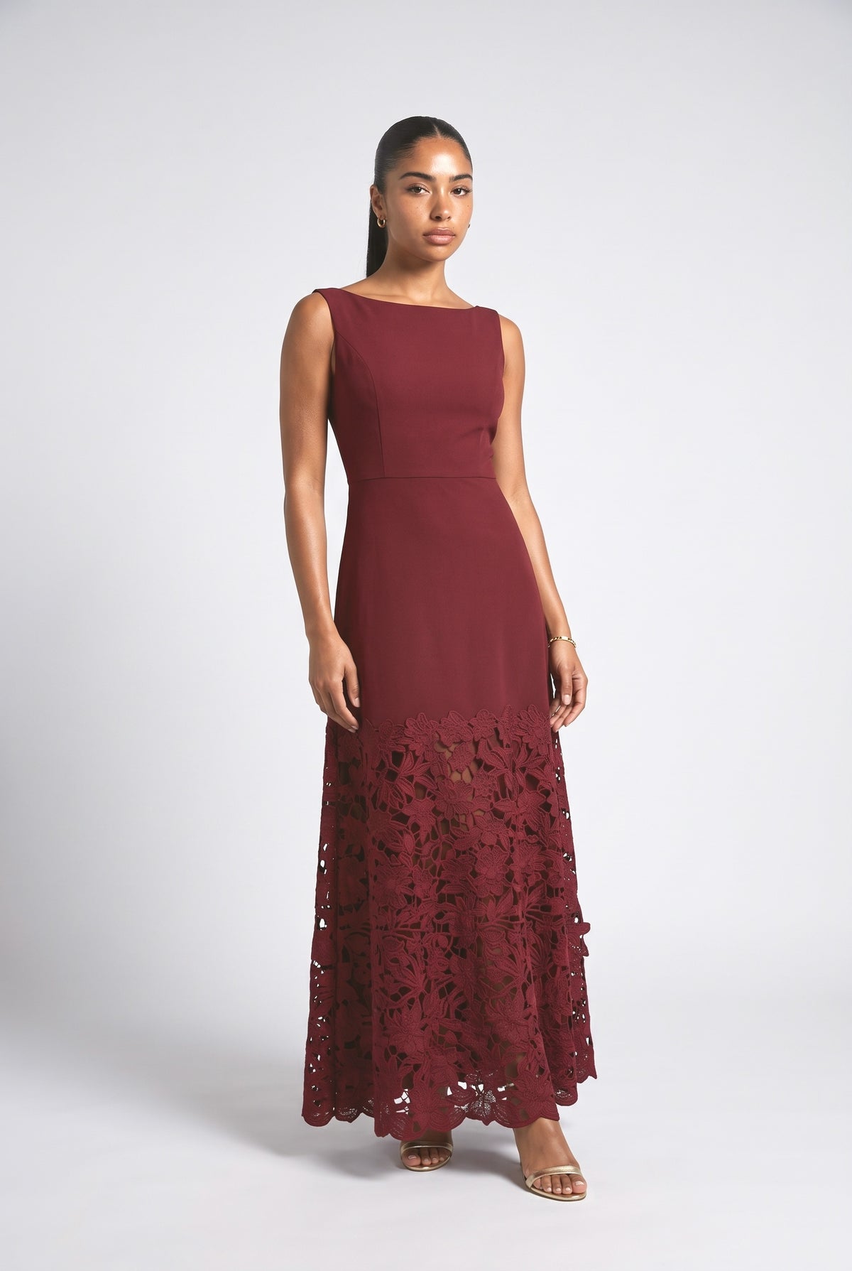 Lace Boat Neck Sleeveless Maxi Dress, red