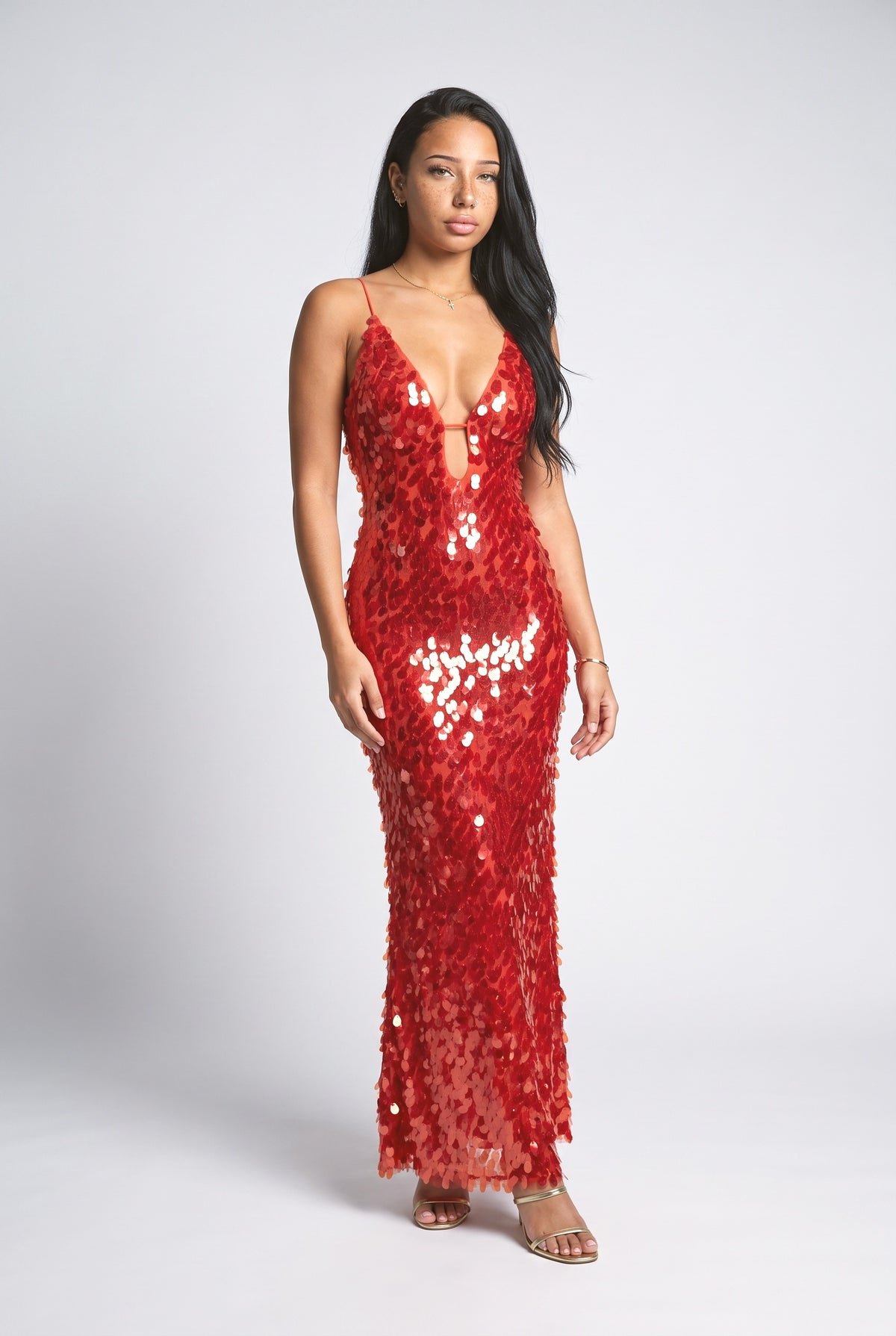 Red Sequin Maxi Dress, red
