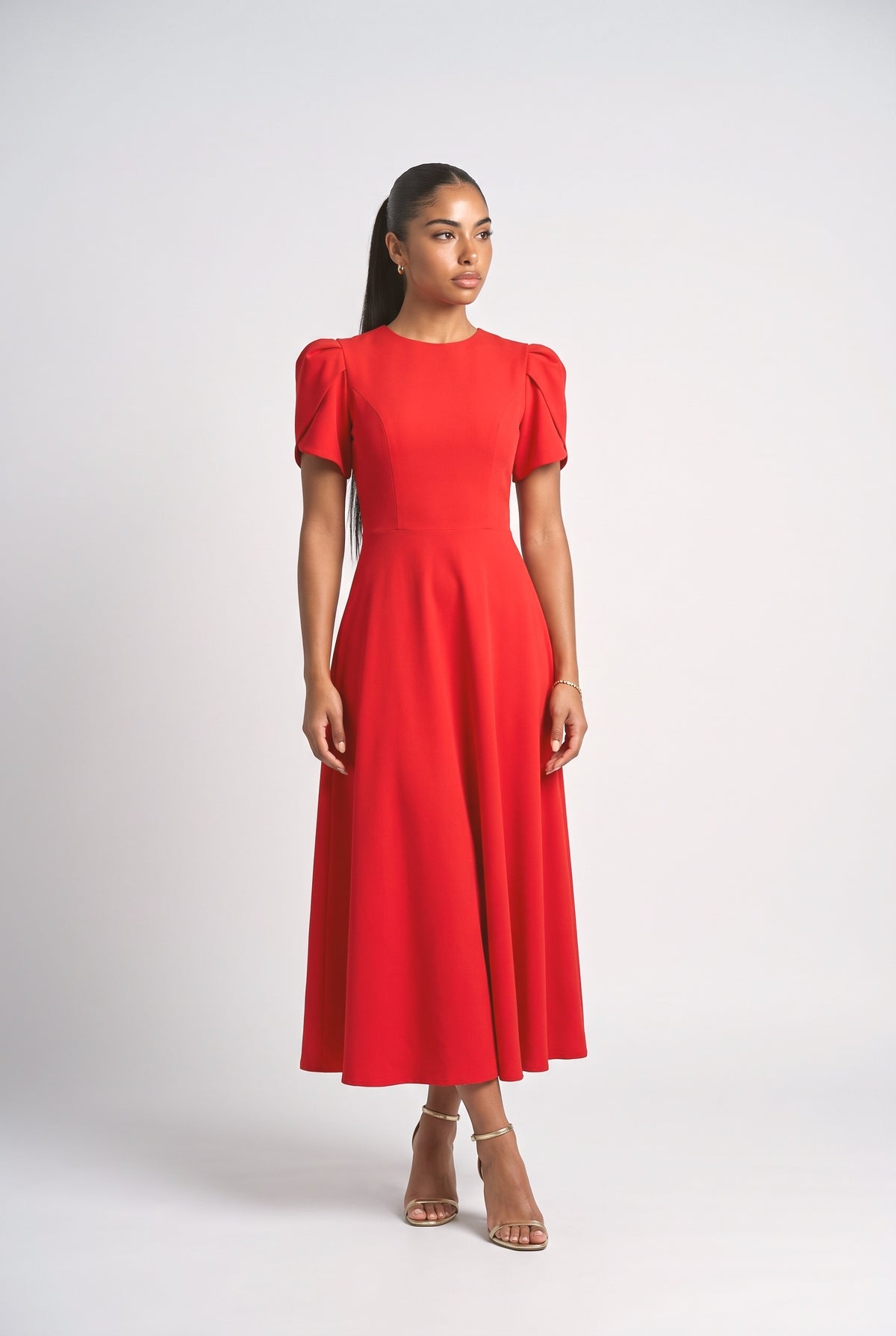 High Neck Midi Dress, red