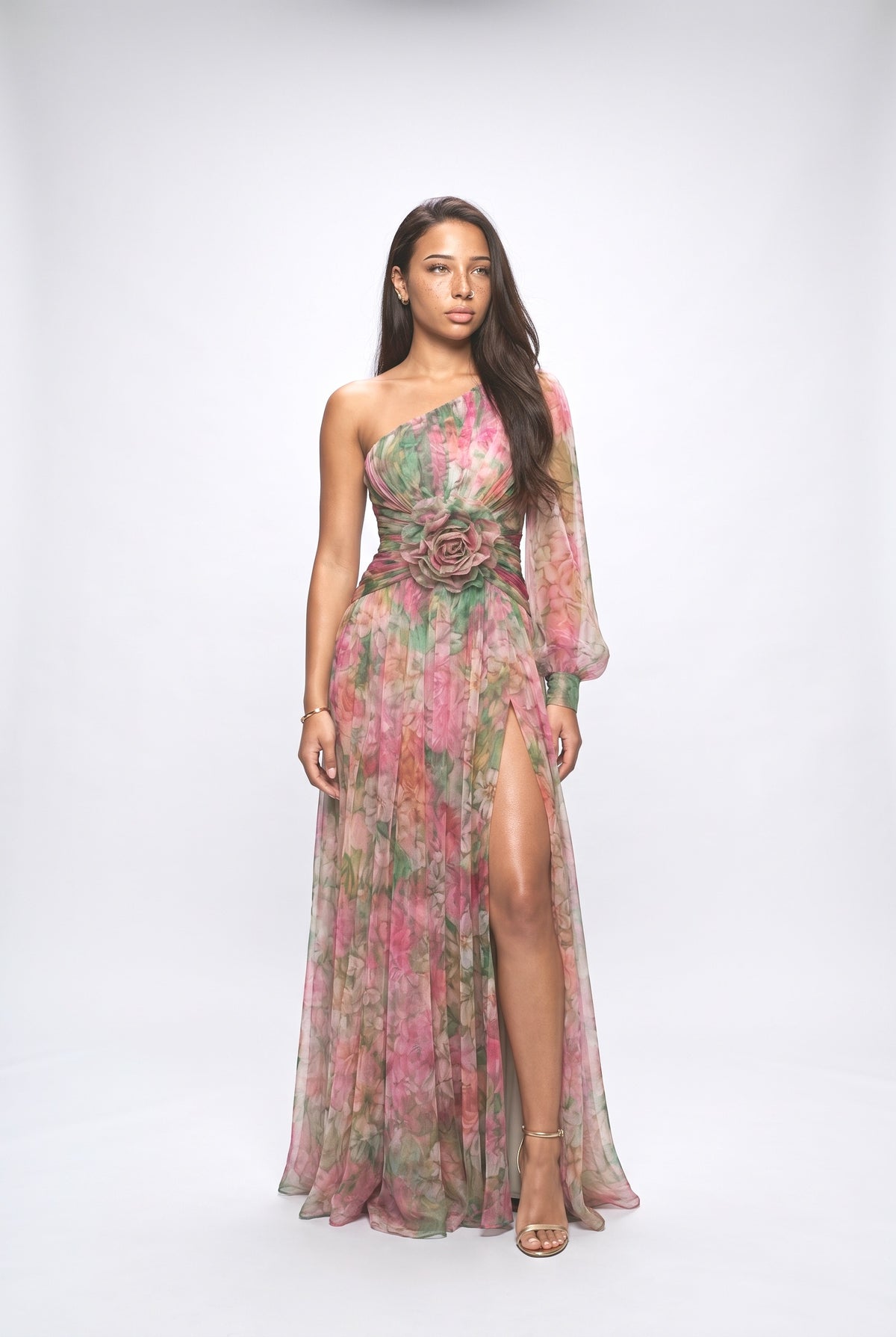 Floral Sheer One-Shoulder Ruched Maxi Dress, red