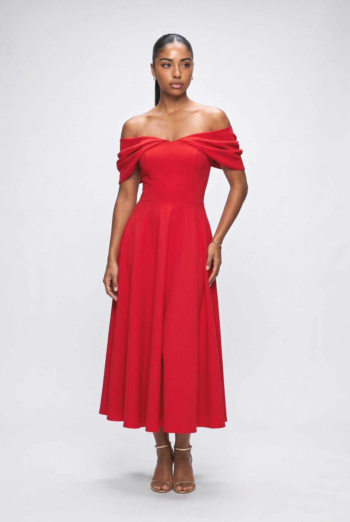 Off-Shoulder Draped Maxi Dress, red