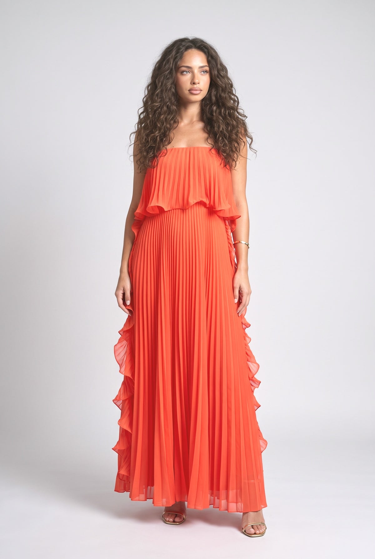 Chiffon Strapless Pleated Maxi Dress, red