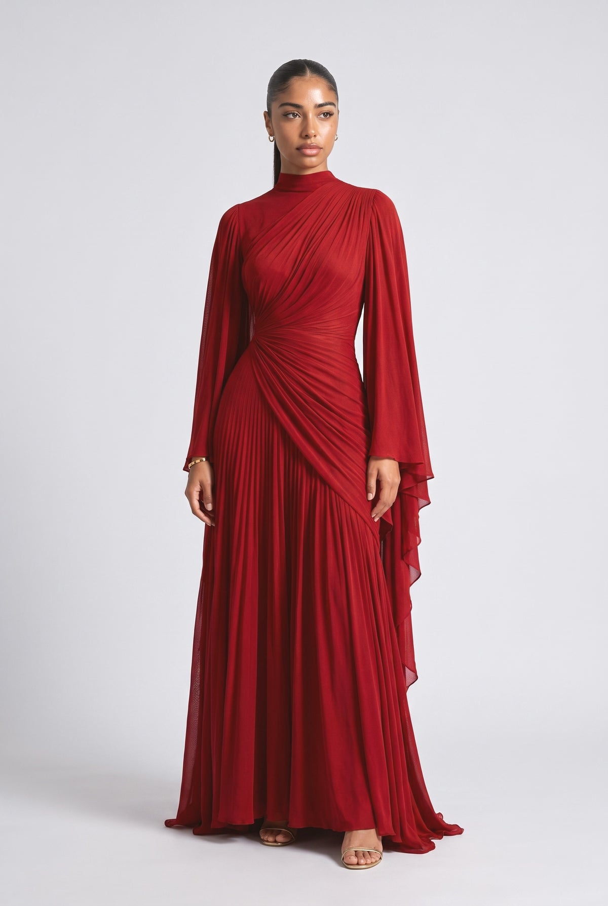 Chiffon High Neck Pleated Maxi Dress, red